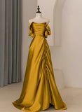 Gold Satin Off Shoulder Long Evening Dress, Gold Satin Prom Dress HZ1024