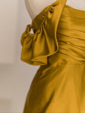 Gold Satin Off Shoulder Long Evening Dress, Gold Satin Prom Dress HZ1024