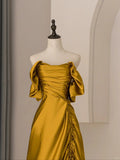 Gold Satin Off Shoulder Long Evening Dress, Gold Satin Prom Dress HZ1024