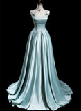 Blue Satin A-line Beaded Long Party Dress Prom Dress, Blue Evening Dress HZ1024