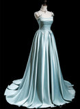 Blue Satin A-line Beaded Long Party Dress Prom Dress, Blue Evening Dress HZ1024