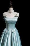 Blue Satin A-line Beaded Long Party Dress Prom Dress, Blue Evening Dress HZ1024