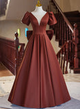 A-line Satin Short Sleeves Long Prom Dress, Satin Simple Evening Dress HZ1024