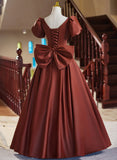 A-line Satin Short Sleeves Long Prom Dress, Satin Simple Evening Dress HZ1024