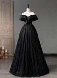 Black Tulle Beaded Long Formal Gown, Black Tulle A-line Prom Dress HZ1024