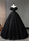 Black Tulle Beaded Long Formal Gown, Black Tulle A-line Prom Dress HZ1024