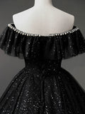Black Tulle Beaded Long Formal Gown, Black Tulle A-line Prom Dress HZ1024