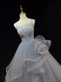 Beautiful Gray Cascading Ruffles Pearl Prom Dress, A-line Spaghetti Straps Sleeveless Backless Formal Dress HZ1024