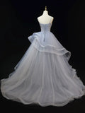 Beautiful Gray Cascading Ruffles Pearl Prom Dress, A-line Spaghetti Straps Sleeveless Backless Formal Dress HZ1024