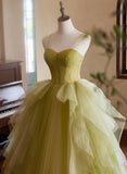 Green Sweetheart Straps Tulle Long Party Dress, Green Tulle Prom Dress HZ1024