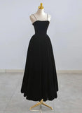 Black Velvet Straps Tea Length Party Dress, Black Velvet Homecoming Dress HZ1024