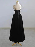 Black Velvet Straps Tea Length Party Dress, Black Velvet Homecoming Dress HZ1024
