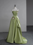 Green A-line Satin with Flowers Long Evening Dress, Green Satin Prom Dress HZ1024