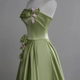Green A-line Satin with Flowers Long Evening Dress, Green Satin Prom Dress HZ1024