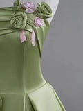 Green A-line Satin with Flowers Long Evening Dress, Green Satin Prom Dress HZ1024