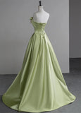 Green A-line Satin with Flowers Long Evening Dress, Green Satin Prom Dress HZ1024