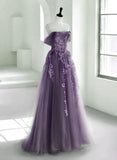 Purple A-Line Tulle With Lace Long Formal Dress, Purple Prom Dress Evening Dress HZ1024