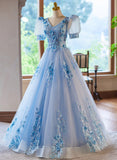 A-Line Light Blue Tulle With Lace Short Sleeves Prom Dress, Tulle Sweet 16 Dress HZ1024