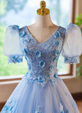 A-Line Light Blue Tulle With Lace Short Sleeves Prom Dress, Tulle Sweet 16 Dress HZ1024