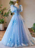 A-Line Light Blue Tulle With Lace Short Sleeves Prom Dress, Tulle Sweet 16 Dress HZ1024