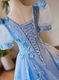 A-Line Light Blue Tulle With Lace Short Sleeves Prom Dress, Tulle Sweet 16 Dress HZ1024