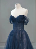 Navy Blue Sweetheart Off Shoulder Tulle Prom Dress, A-line Tulle Formal Dress HZ1024