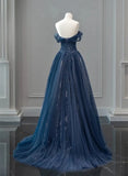 Navy Blue Sweetheart Off Shoulder Tulle Prom Dress, A-line Tulle Formal Dress HZ1024