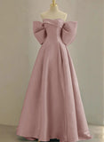 Pink Off Shoulder Satin Long Simple Party Dress, Pink Satin Evening Dress HZ1024
