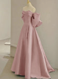 Pink Off Shoulder Satin Long Simple Party Dress, Pink Satin Evening Dress HZ1024