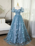 Blue Lace Butterfly Long Prom Dress, Elegant A-Line Short Sleeve Evening Formal Dress HZ1024