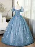 Blue Lace Butterfly Long Prom Dress, Elegant A-Line Short Sleeve Evening Formal Dress HZ1024