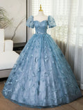 Blue Lace Butterfly Long Prom Dress, Elegant A-Line Short Sleeve Evening Formal Dress HZ1024