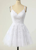 Cute V-neckline White Tulle with Lace Graduation Dress, White Short Party Dress HZ1024
