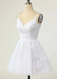 Cute V-neckline White Tulle with Lace Graduation Dress, White Short Party Dress HZ1024