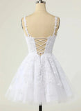Cute V-neckline White Tulle with Lace Graduation Dress, White Short Party Dress HZ1024
