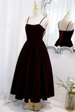 Wine Red Velvet Tea Length Party Dress, Wine Red Straps Homecoming Dress HZ1024