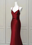 Wine Red Mermaid Backless Long Evening Dress, Wine Red Long Prom Dress HZ1024
