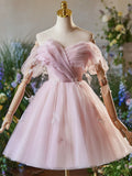 Pink Tulle Knee Length A-Line Party Dress, Lovely Off the Shoulder Prom Dress HZ1024