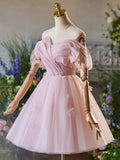 Pink Tulle Knee Length A-Line Party Dress, Lovely Off the Shoulder Prom Dress HZ1024