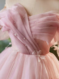 Pink Tulle Knee Length A-Line Party Dress, Lovely Off the Shoulder Prom Dress HZ1024