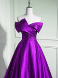 A-Line Off Shouolder Black And Purple Satin Party Dress, Long Prom Dress HZ1024