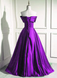 A-Line Off Shouolder Black And Purple Satin Party Dress, Long Prom Dress HZ1024