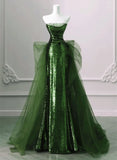 A-Line Green Sequins And Tulle Long Party Dress, Green Evening Dress Formal Dress HZ1024