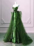 A-Line Green Sequins And Tulle Long Party Dress, Green Evening Dress Formal Dress HZ1024