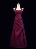 Wine Red A-Line Halter Vintage Style Prom Dress, Wine Red Long Evening Dress HZ1024