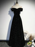 Simple Black Sweetheart Off Shoulder Long Velvet Prom Dress, Black Evening Dress HZ1024