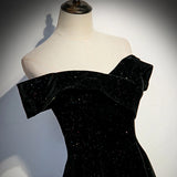 Simple Black Sweetheart Off Shoulder Long Velvet Prom Dress, Black Evening Dress HZ1024