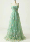 Pretty Green Floral Tulle Straps Long Party Dress, Green Long Prom Dress HZ1024