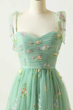 Pretty Green Floral Tulle Straps Long Party Dress, Green Long Prom Dress HZ1024