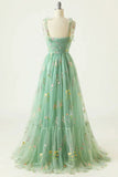 Pretty Green Floral Tulle Straps Long Party Dress, Green Long Prom Dress HZ1024